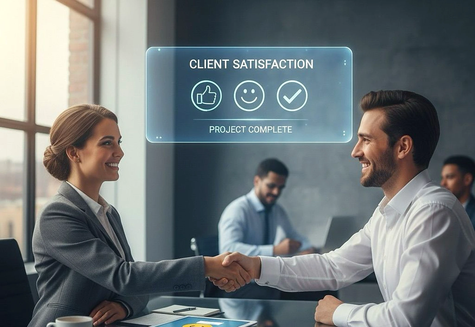 Professional client success meeting handshake background