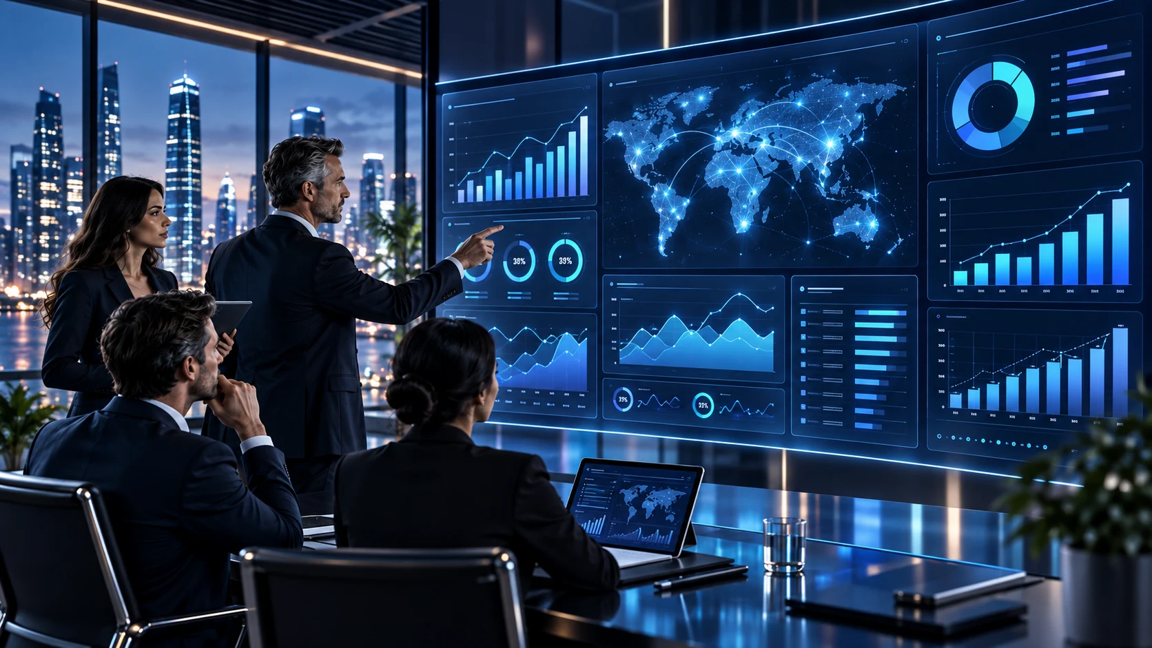 Executive team reviewing interactive business intelligence dashboards and operational insights