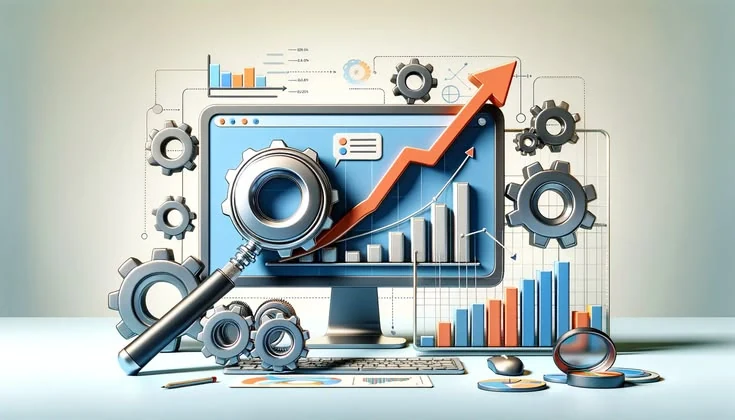 Analytics dashboard with growth graph, gears, and optimization visuals representing usability and conversion improvements