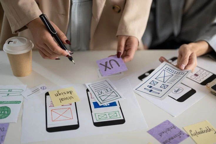 UX research workshop with mobile journey sketches, notes, and interface planning artifacts on a desk