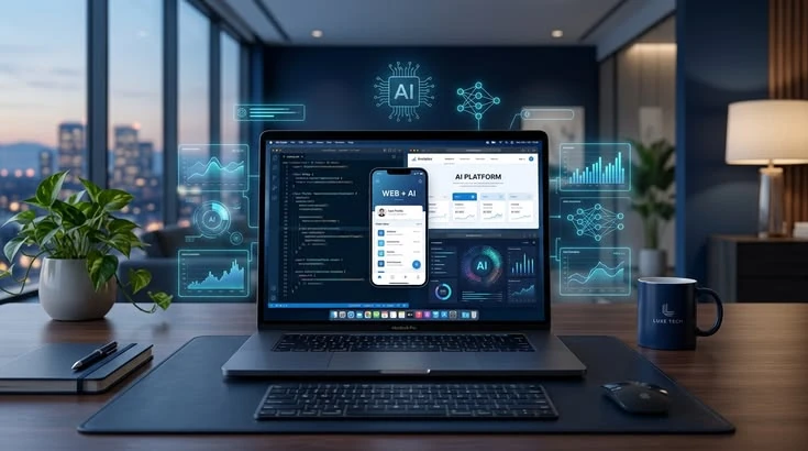 Professional web application development workspace with digital interfaces